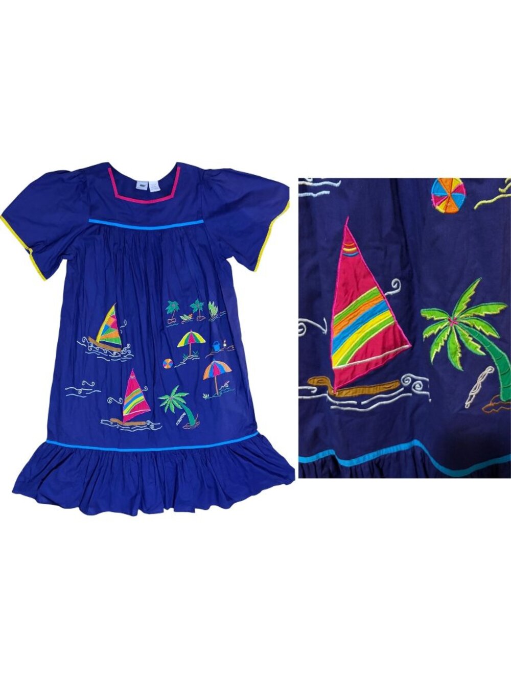 VTG Embroidered Nautical Sundress L Oversize Pockets Boats 100% Indian Cotton